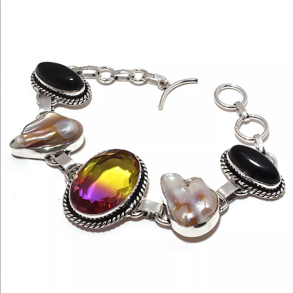 Handmade Tourmaline .925S biwa pearl onyx bracelet